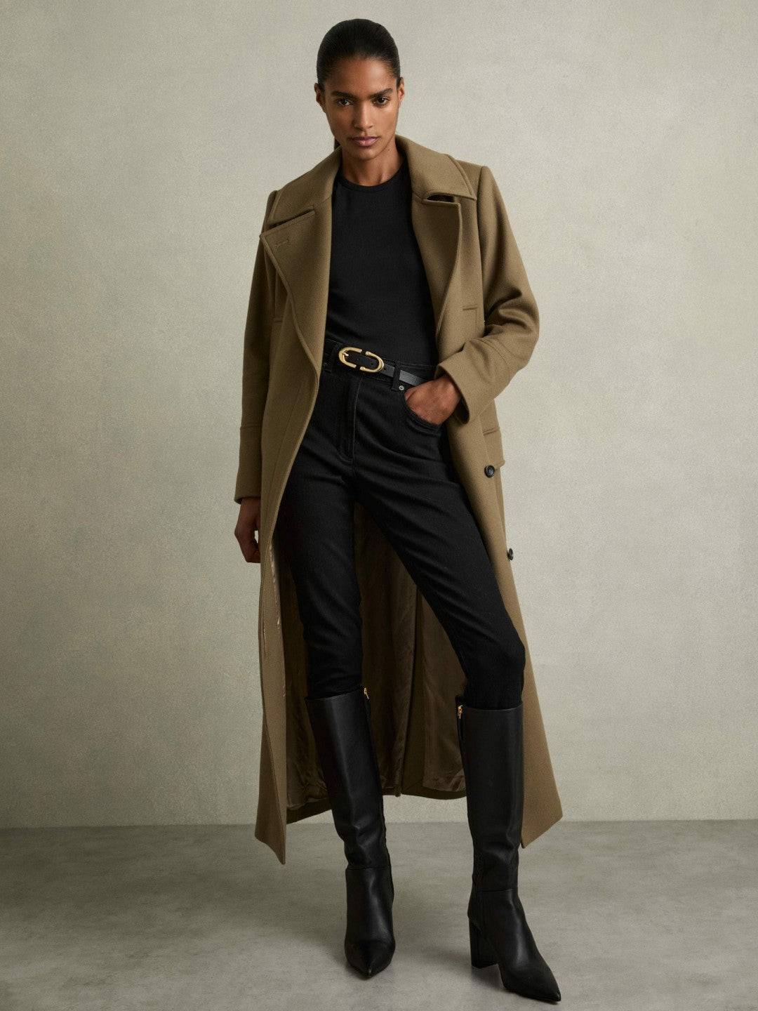 Reiss Block Heel Knee High Boots in Black