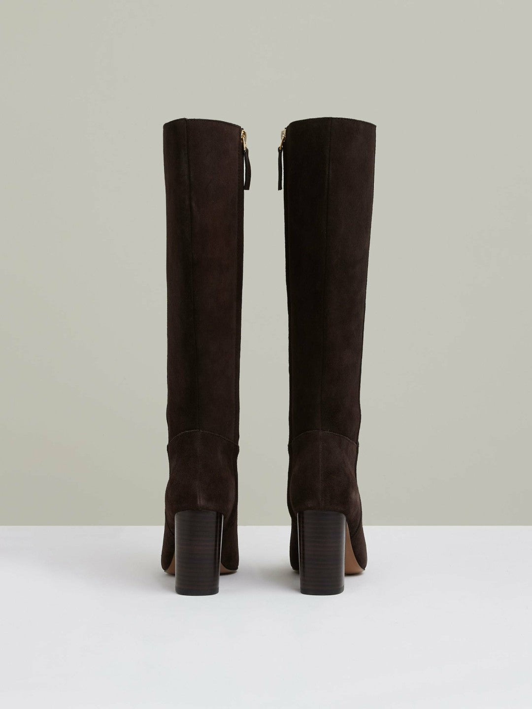 Reiss Block Heel Knee High Boots in Chocolate