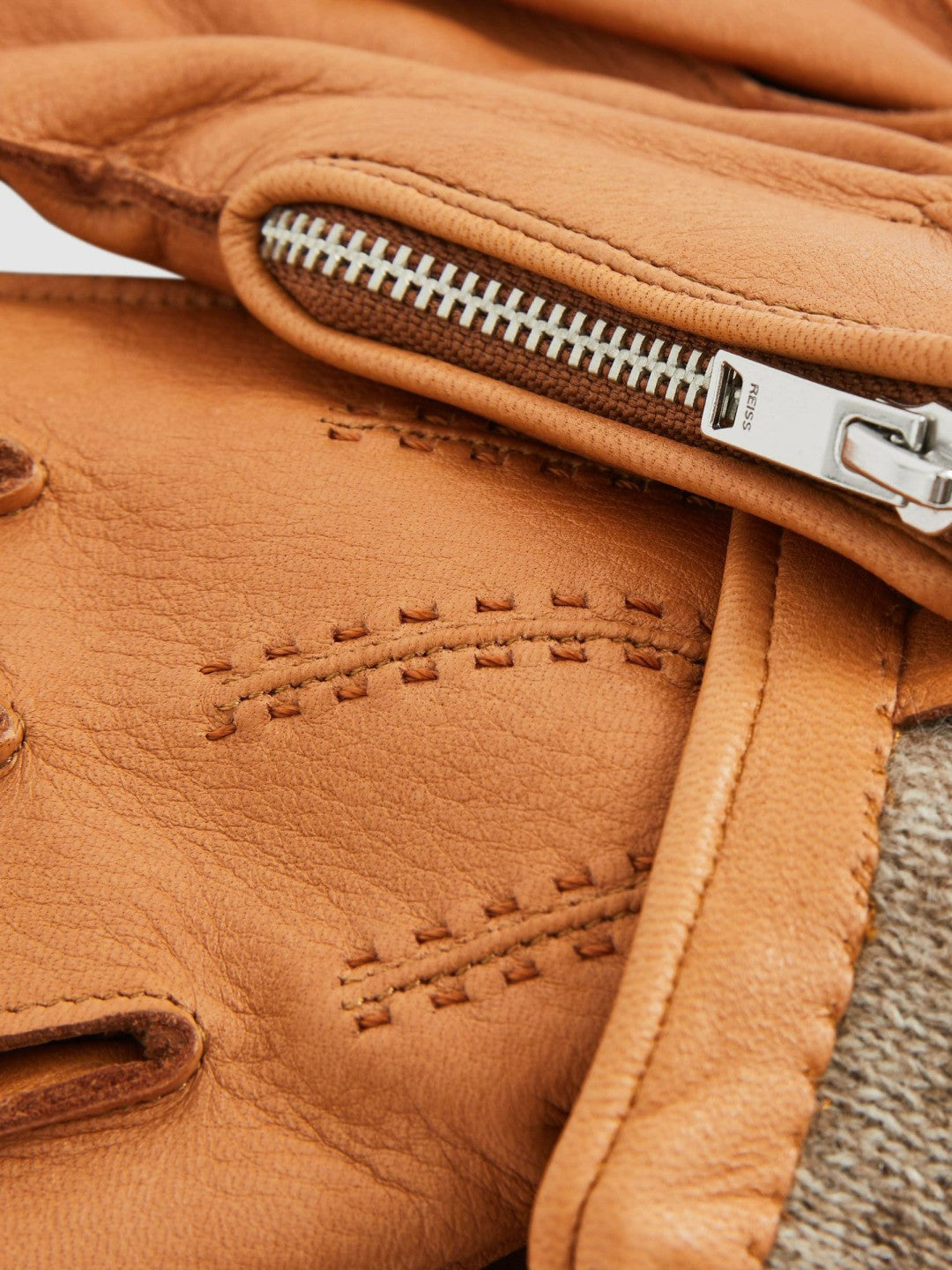 Reiss Leather Zip-Side Gloves in Tan