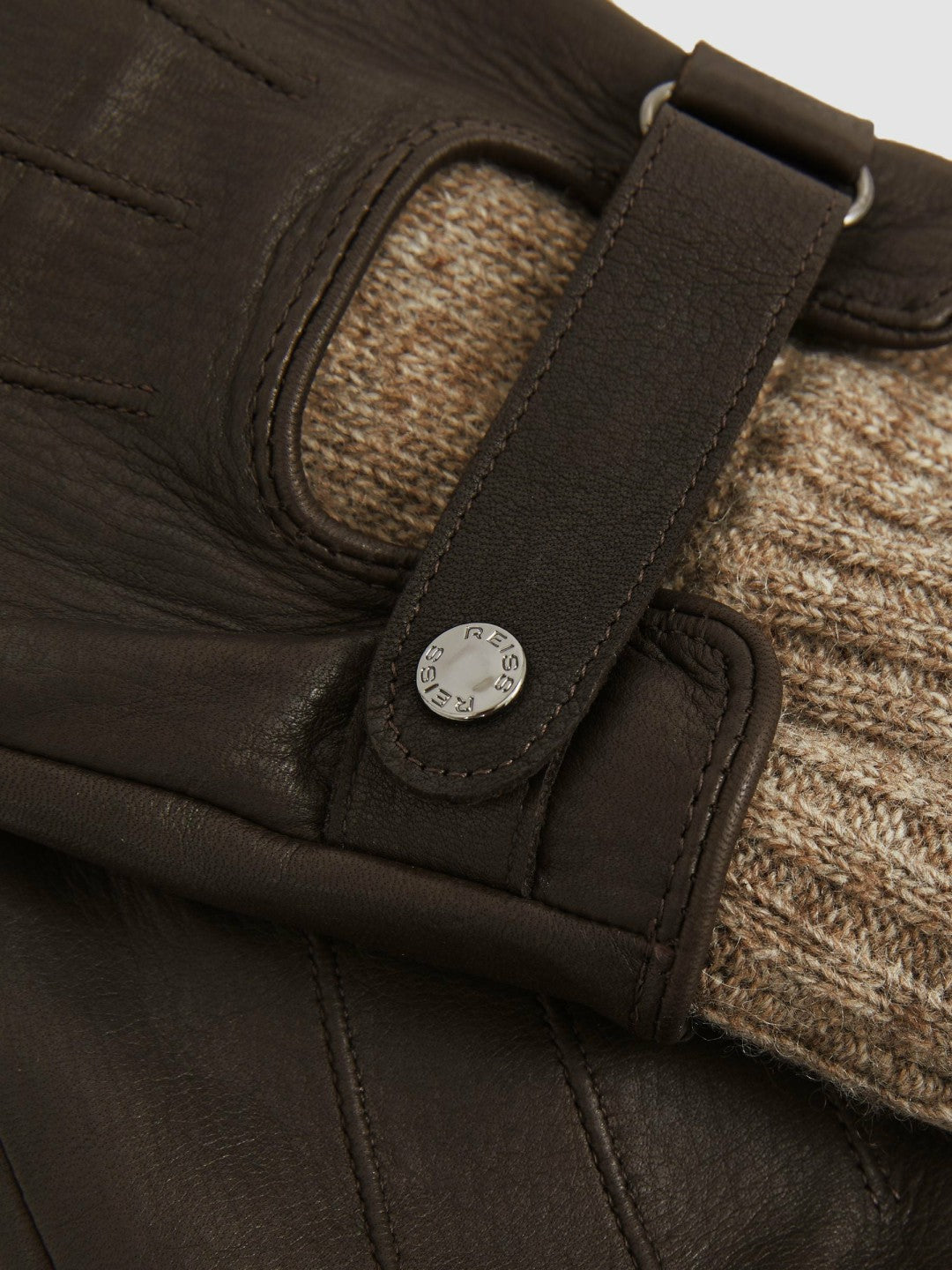 Reiss Sale - Leather Ribbed-Cuff Gloves in Dark Brown