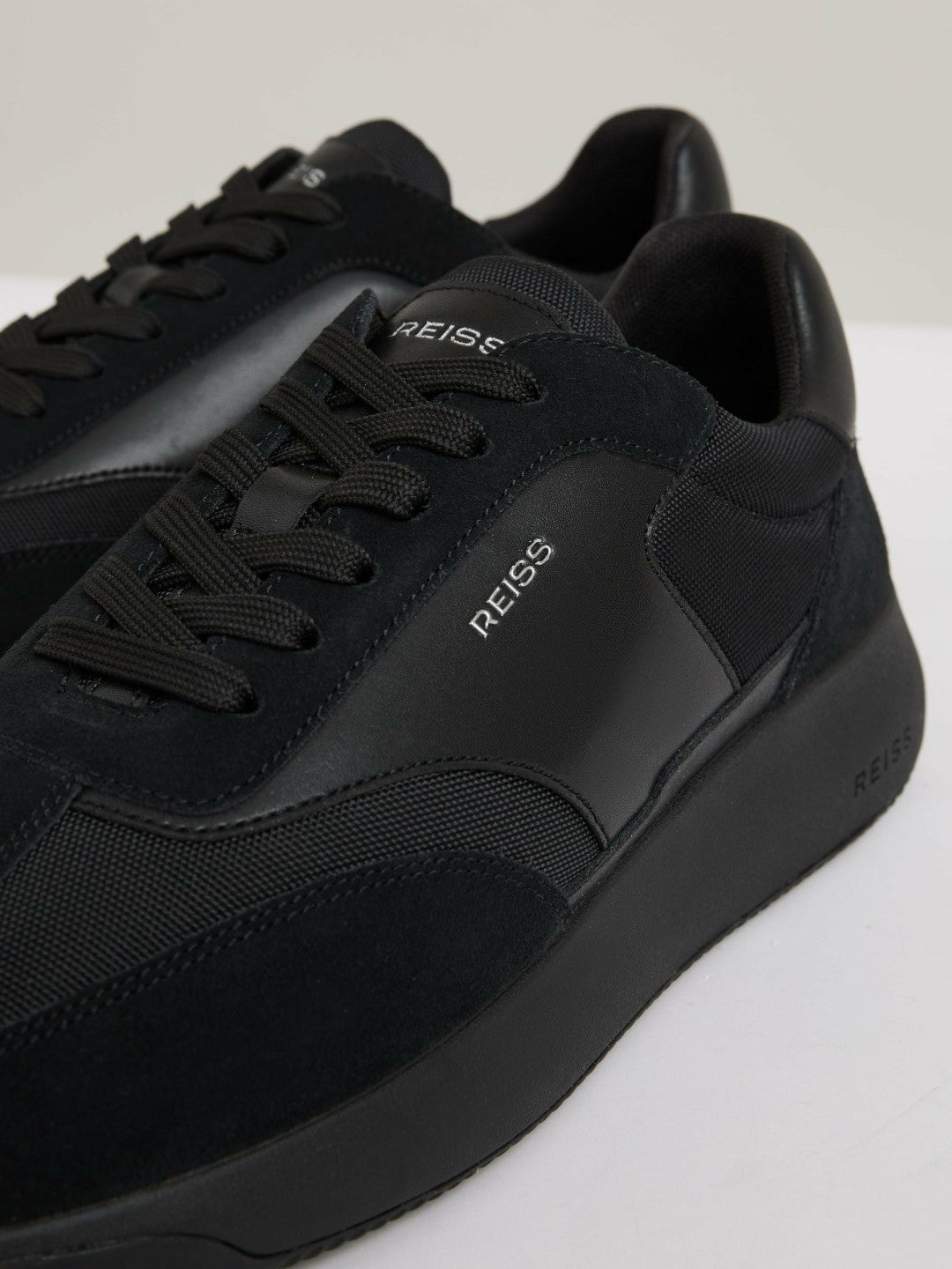 Reiss Best Seller - Leather Suede Running Trainers in All Black