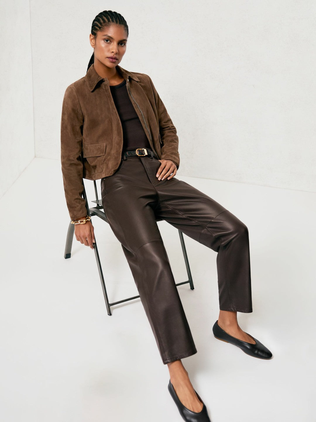 Reiss Leather Slim-Leg Trousers in Chocolate