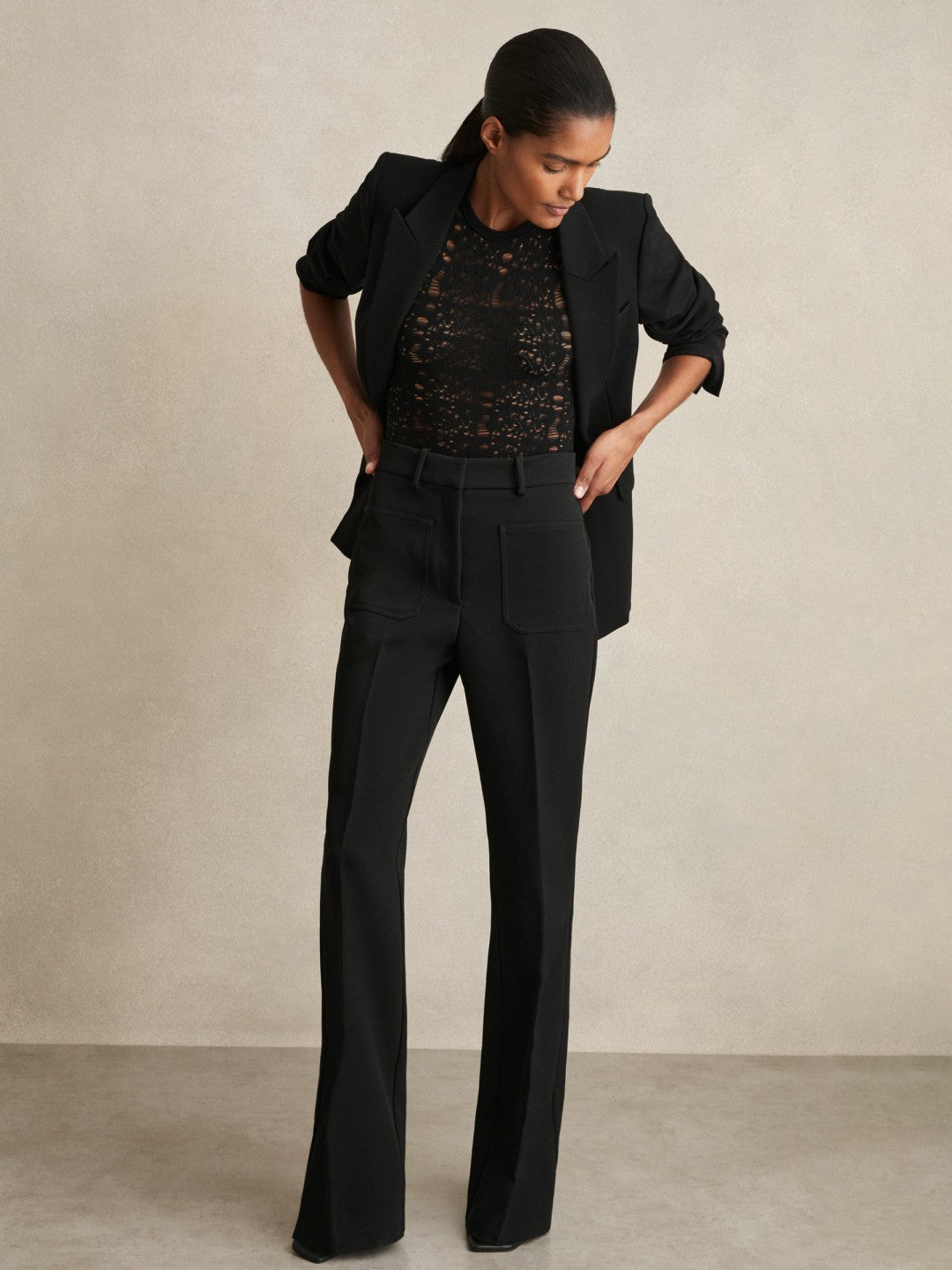 Reiss Twill Patch-Pocket Flared Trousers in Black