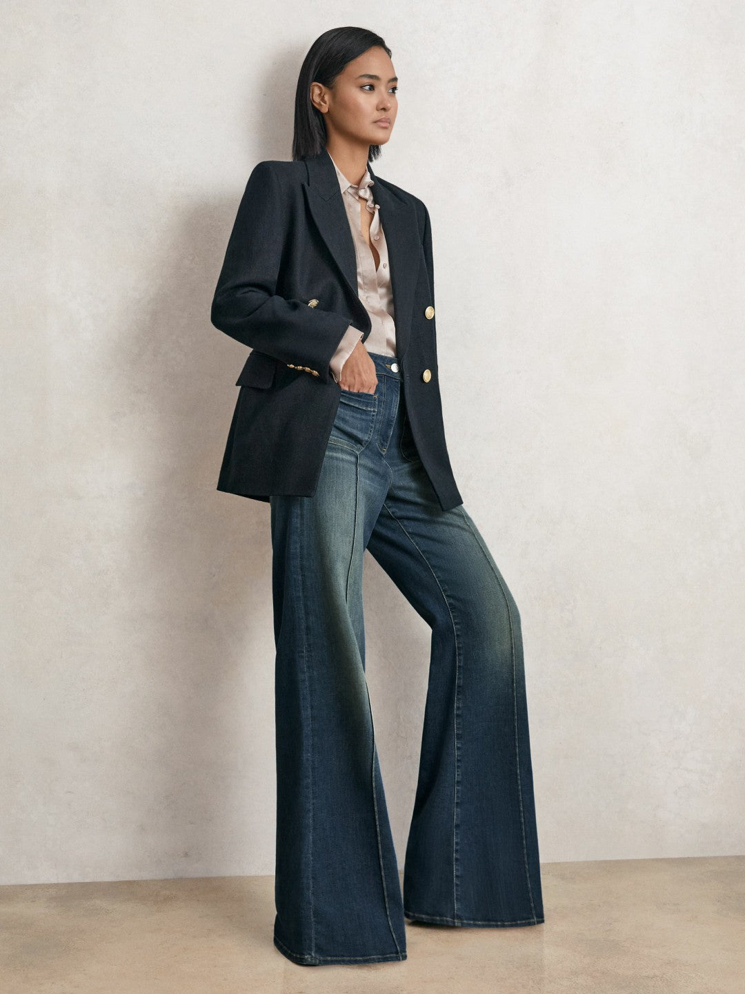 Reiss Petite Patch-Pocket Flared Jeans in Mid Blue