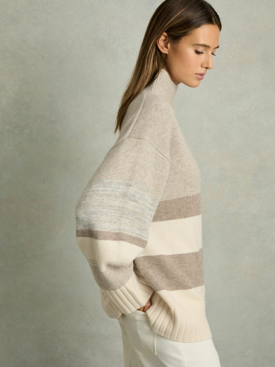 Reiss Savings - Wool Funnel-Neck Striped Jumper in Neutral