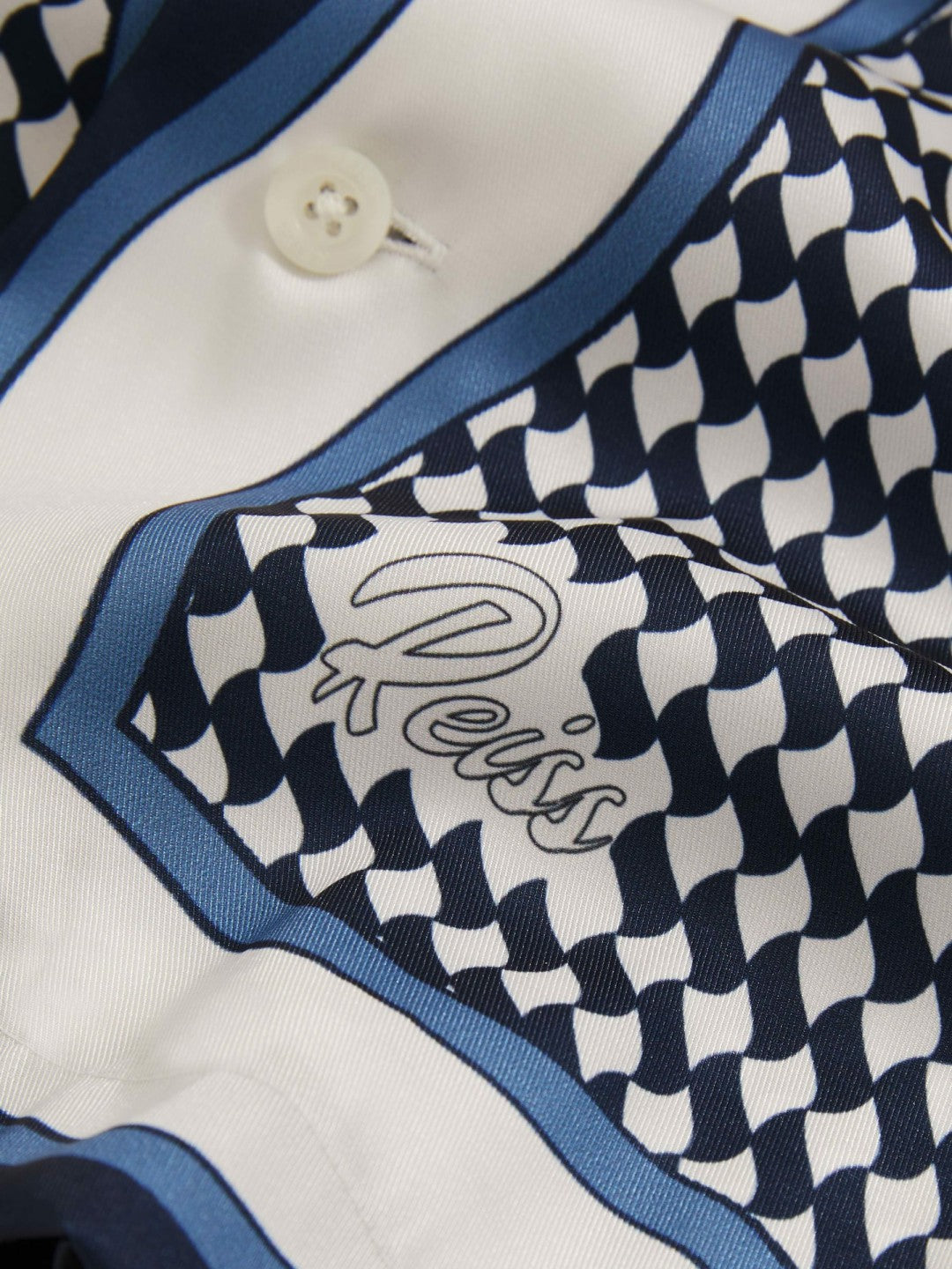 Reiss Affordable - Geometric-Print Cuban-Collar Shirt in White/Navy