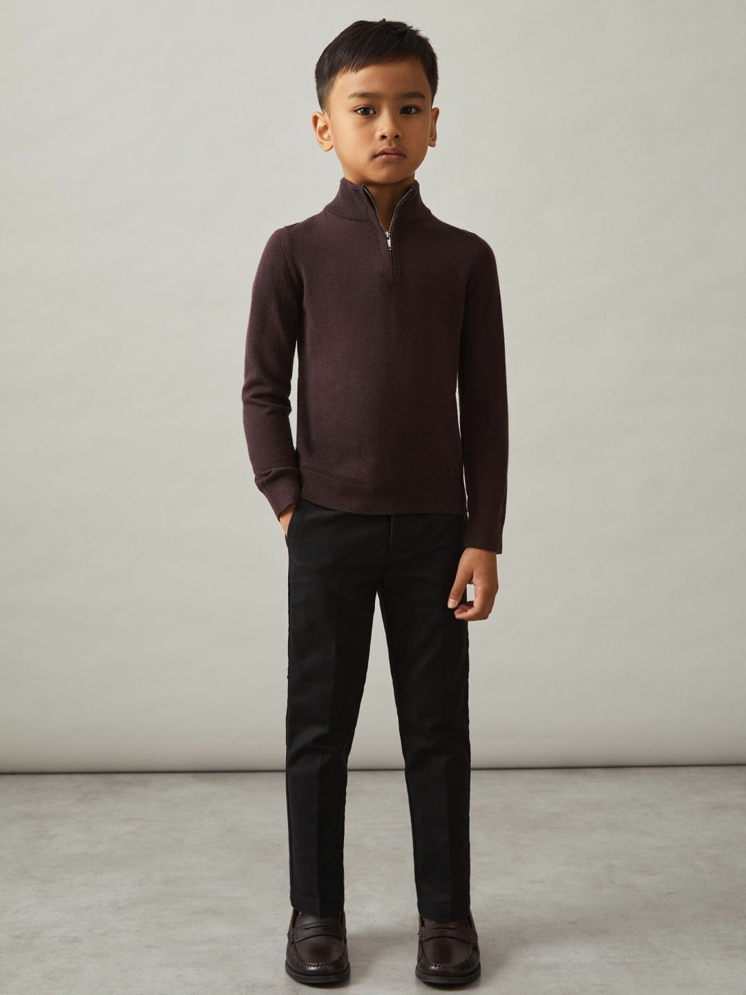 Reiss Deal - 9-13 yrs Merino Wool Half-Zip Funnel Neck Jumper in Dark Bordeaux
