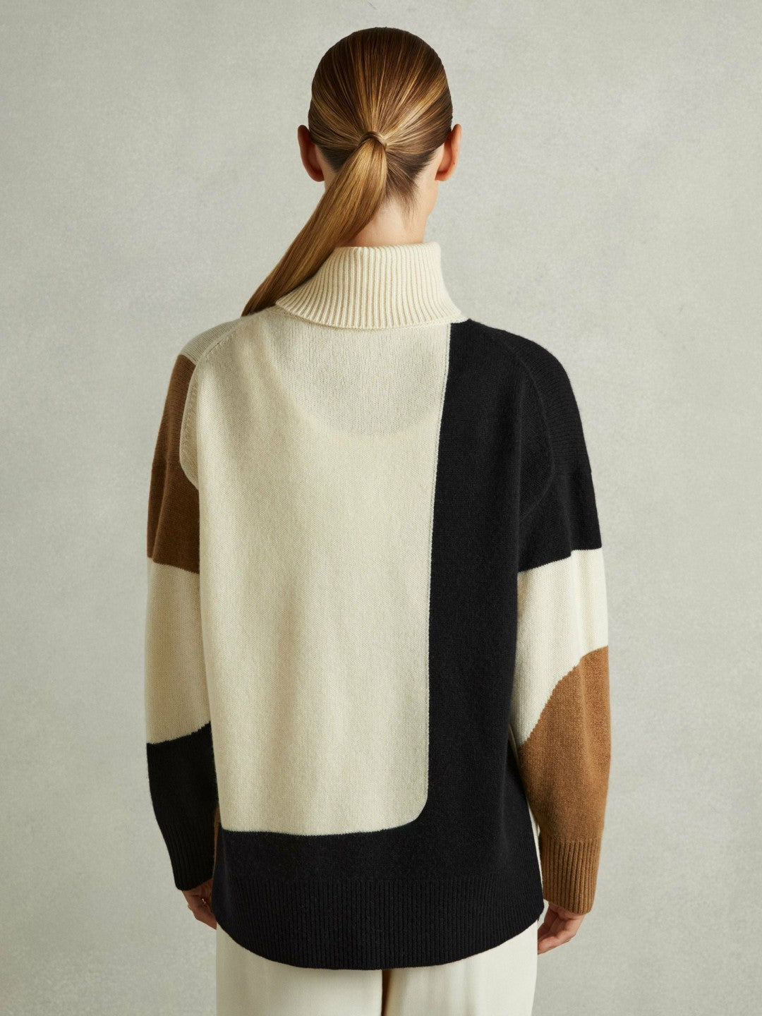Reiss Affordable - Wool-Cashmere Colourblock-Intarsia Jumper in Cream/Brown