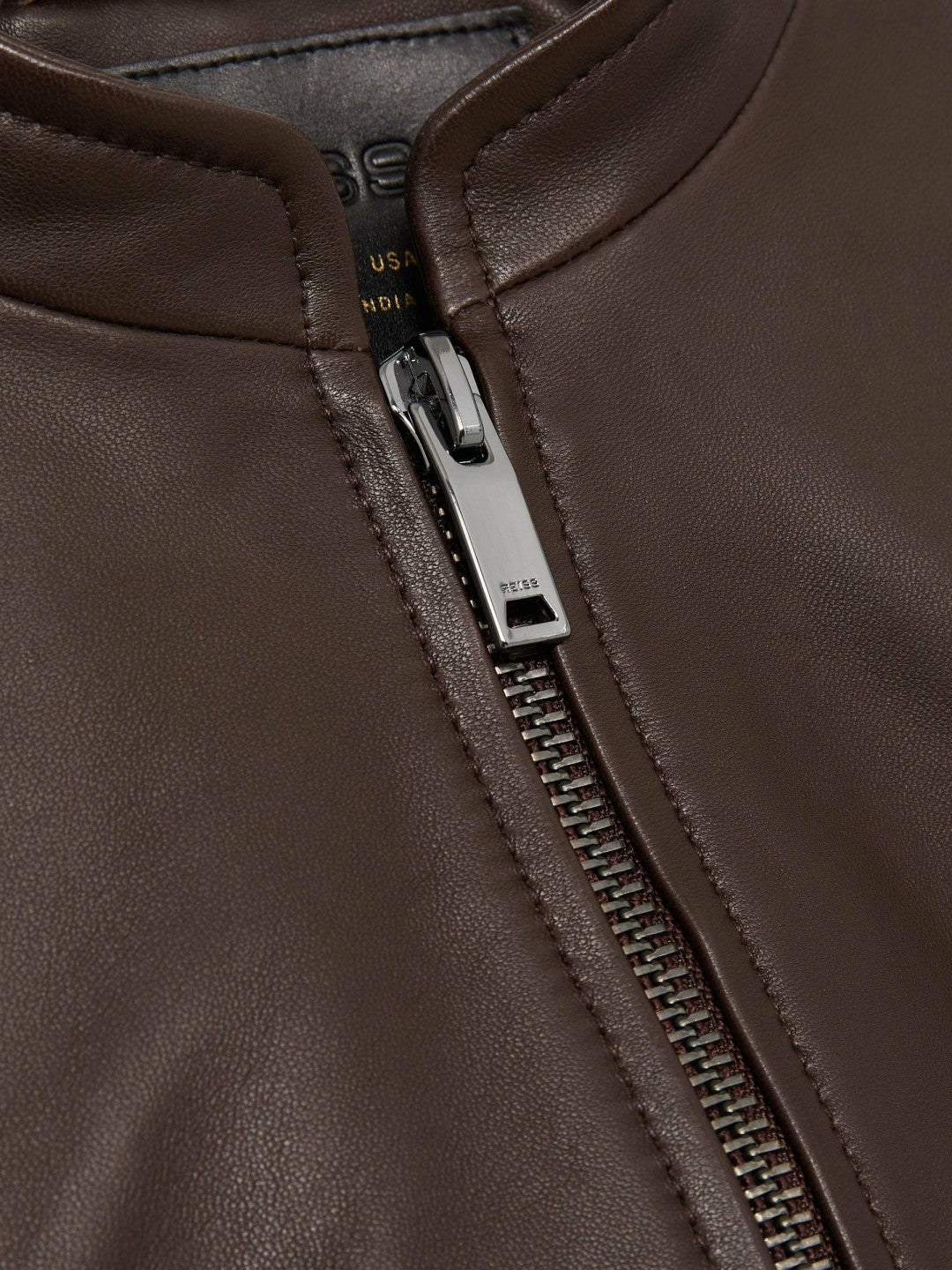 Reiss Leather Collarless Biker Jacket in Chocolate Brown