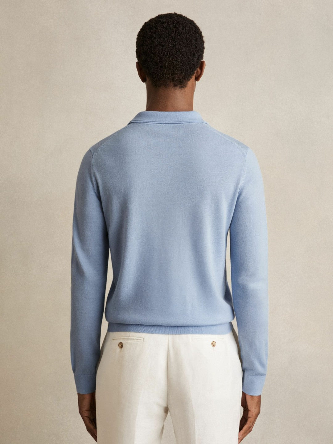Reiss Offer - Merino Wool Long-Sleeve Polo Shirt in Soft Blue