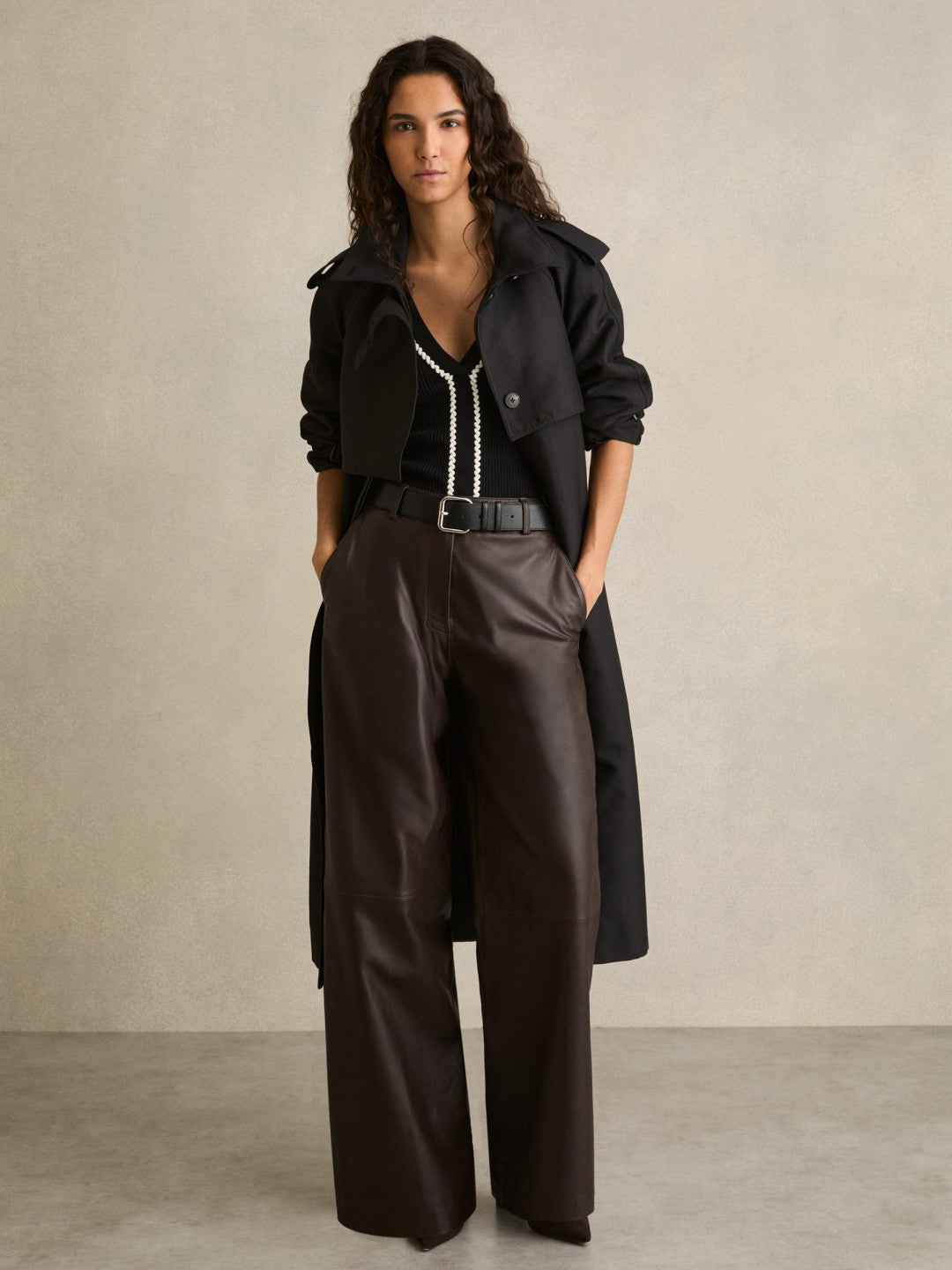 Reiss Leather Wide Leg Trousers in Chocolate