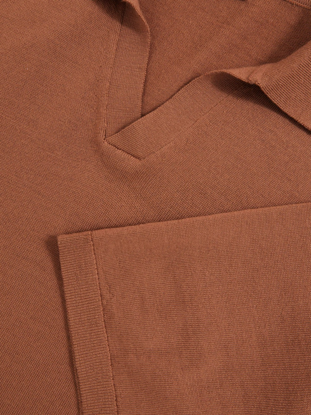 Reiss Merino Wool Open Collar Polo Shirt in Cinnamon Brown