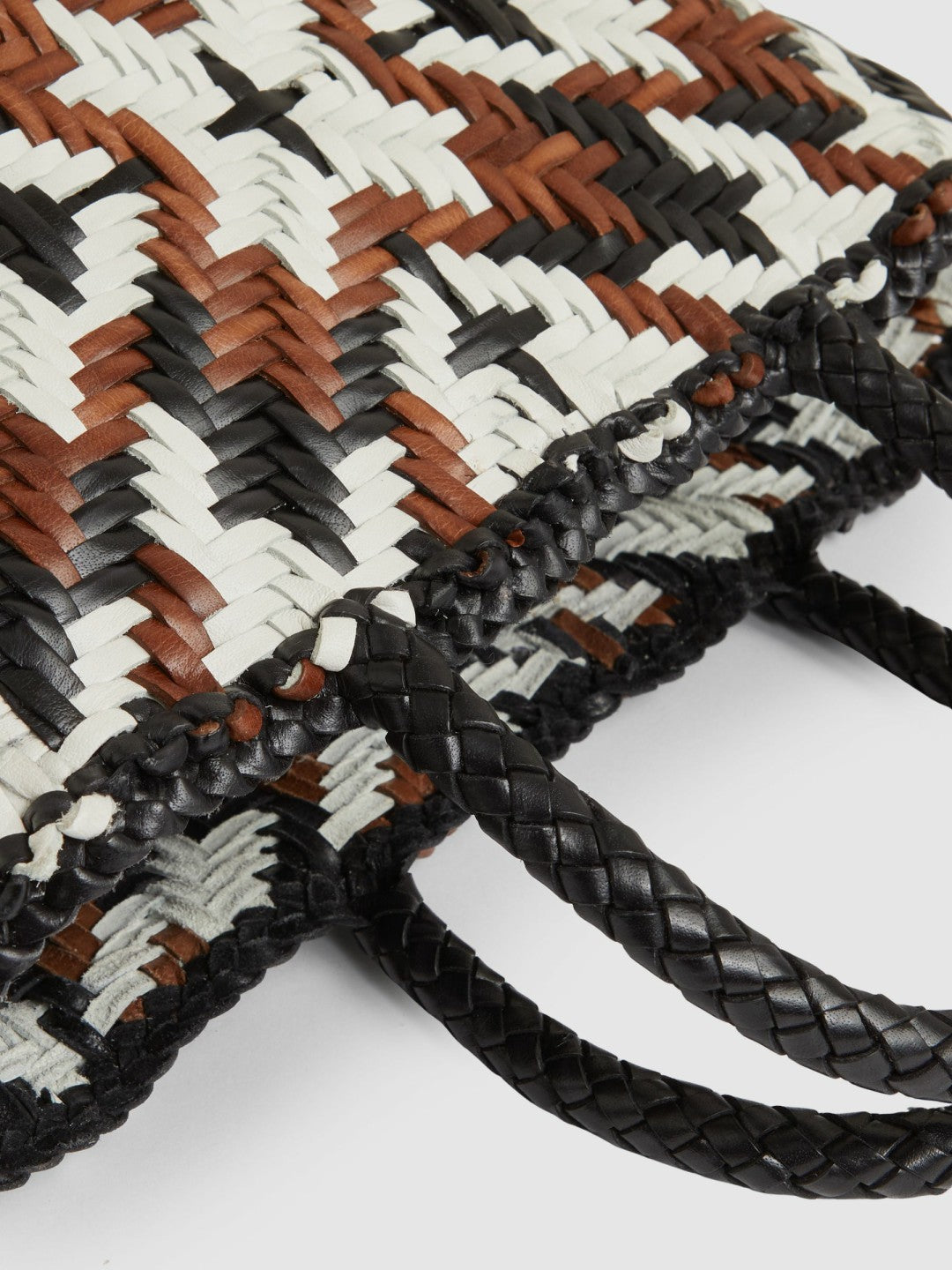 Reiss Small Leather Woven Tote Bag in Tan/White/Black