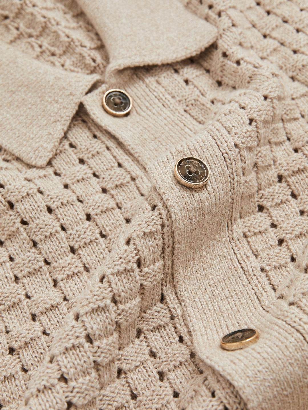 Reiss Basketweave Knit Button Through Cotton Blend Shirt in Stone