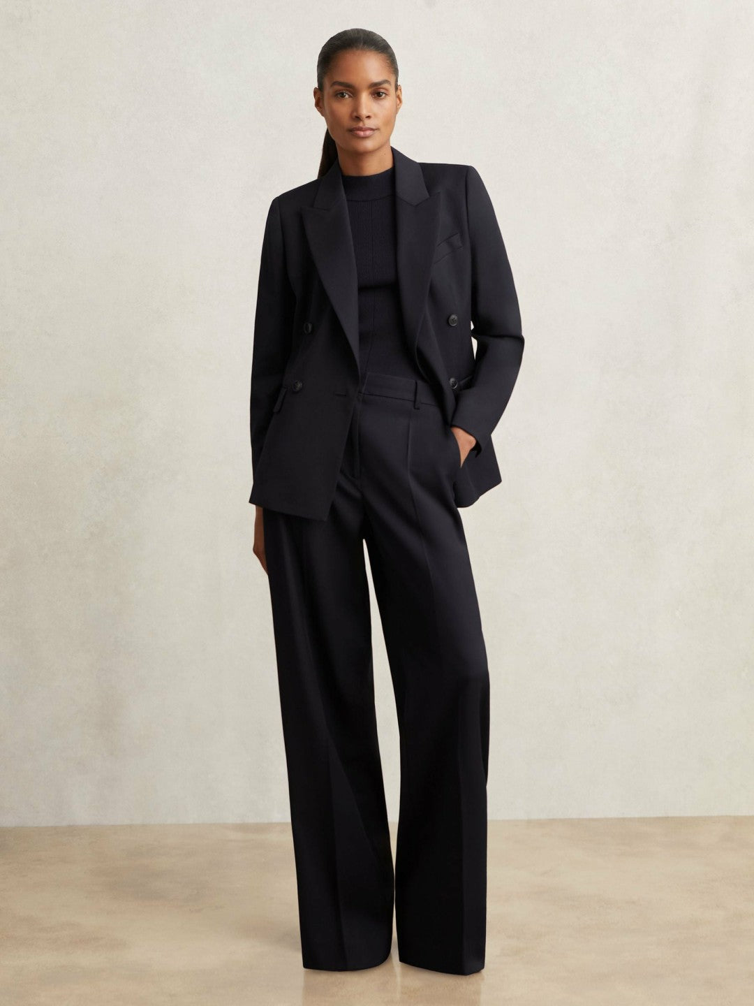 Reiss Wool Blend Double Breasted Suit Blazer in Navy
