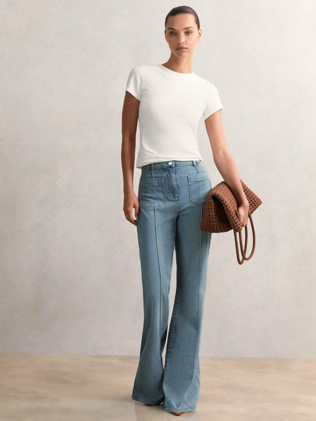 Reiss Petite Patch-Pocket Flared Jeans in Light Blue
