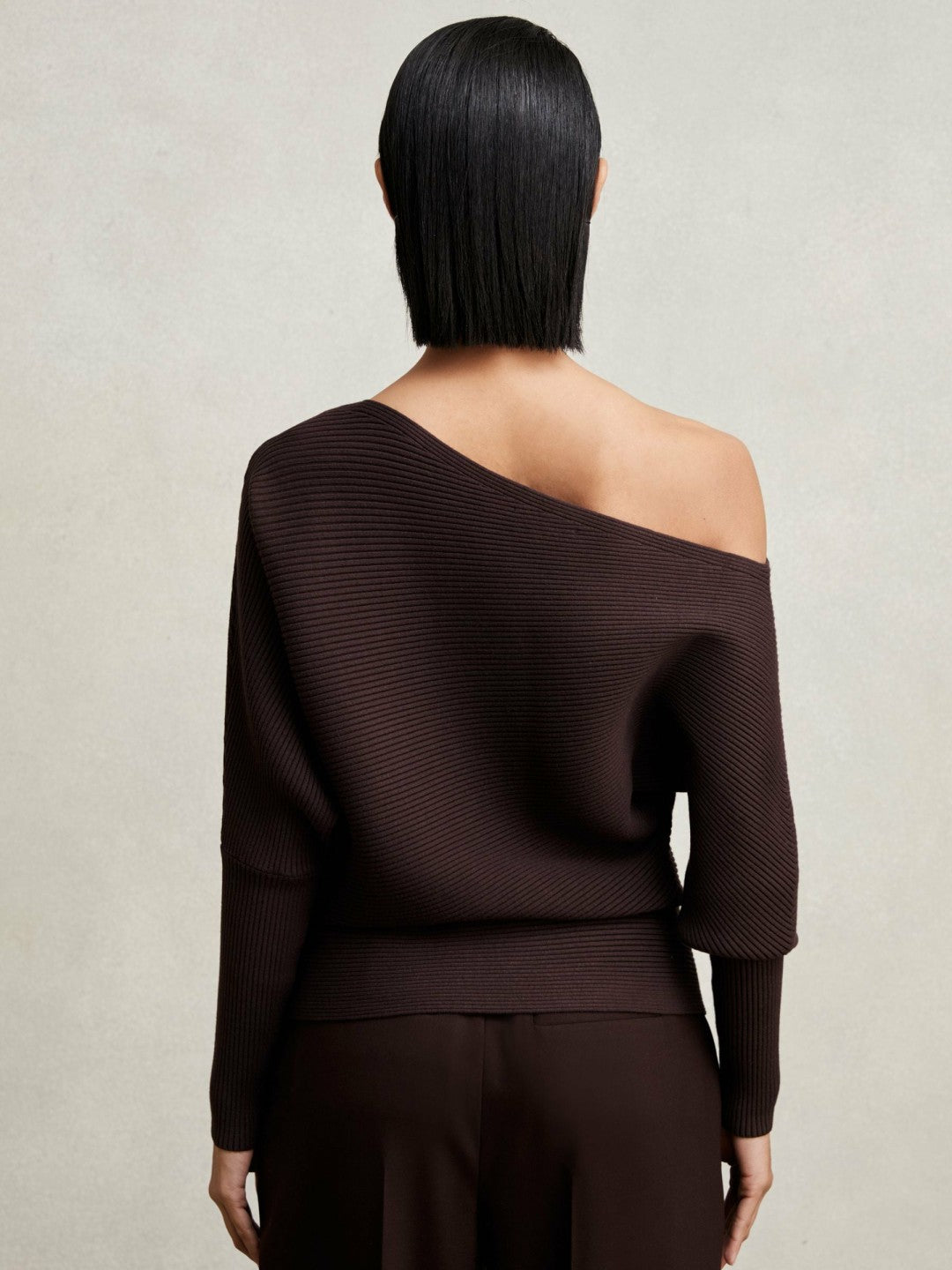 Reiss Asymmetric Draped Knitted Jumper in Plum