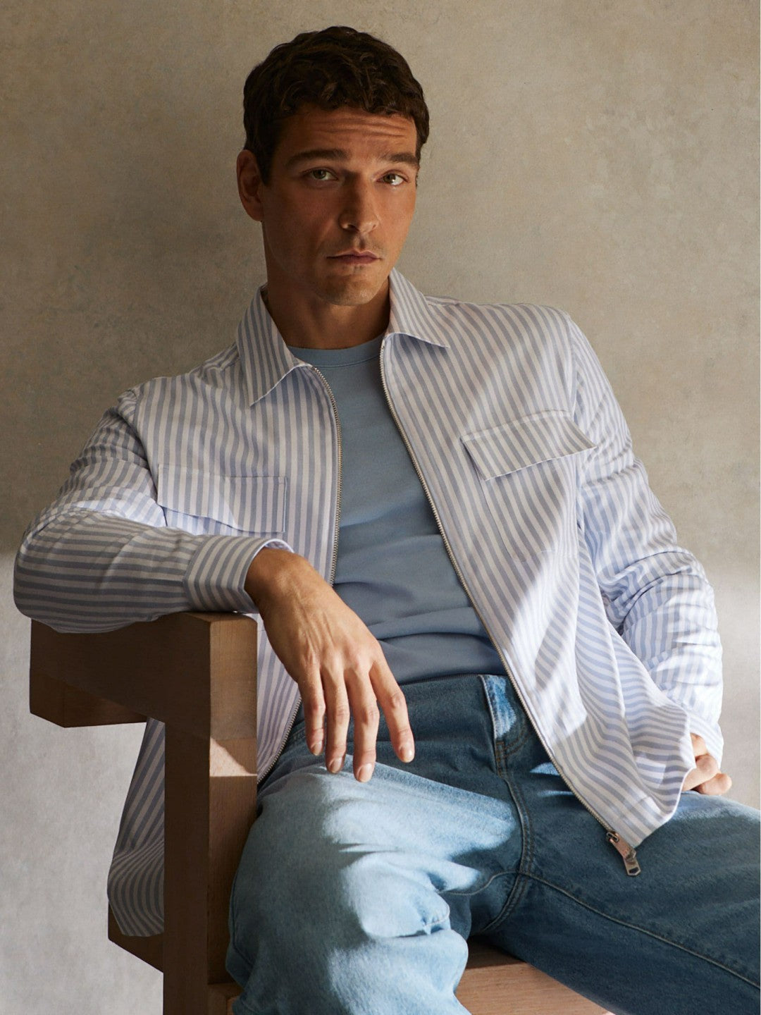 Reiss Cotton Stripe Zip-Through Shirt in White/Soft Blue