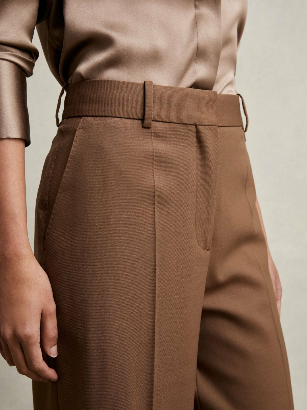 Reiss Wool-Blend Wide-Leg Suit Trousers in Tan