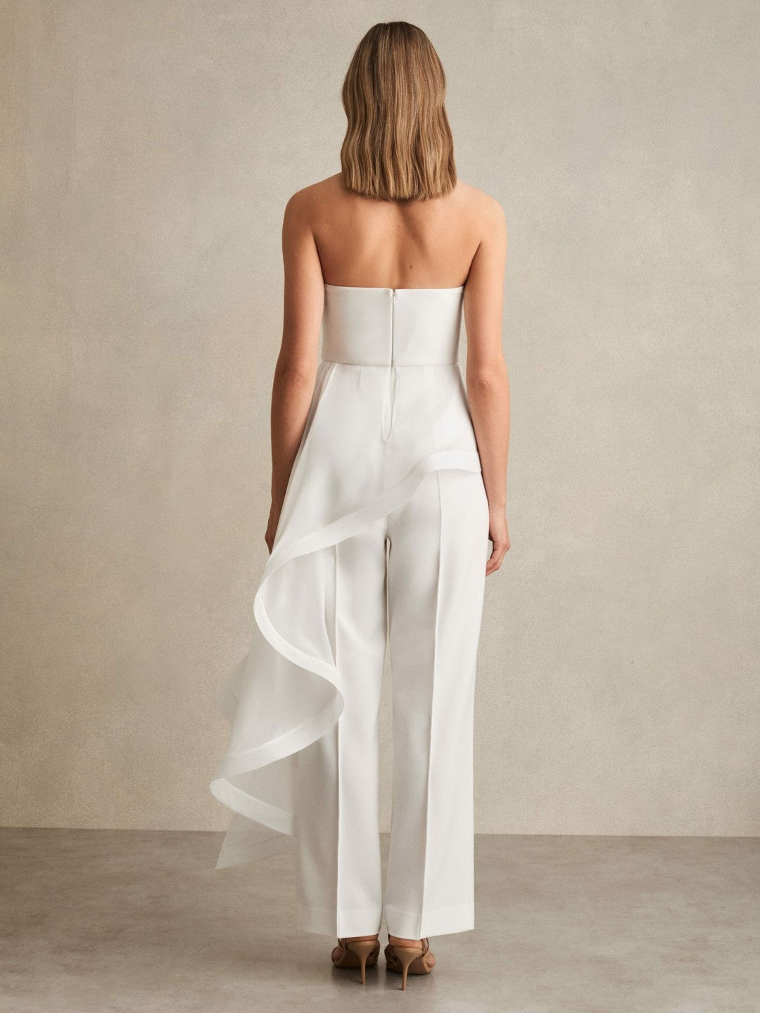 Reiss Silk Ruffle Bandeau Wide-Leg Jumpsuit in Ivory