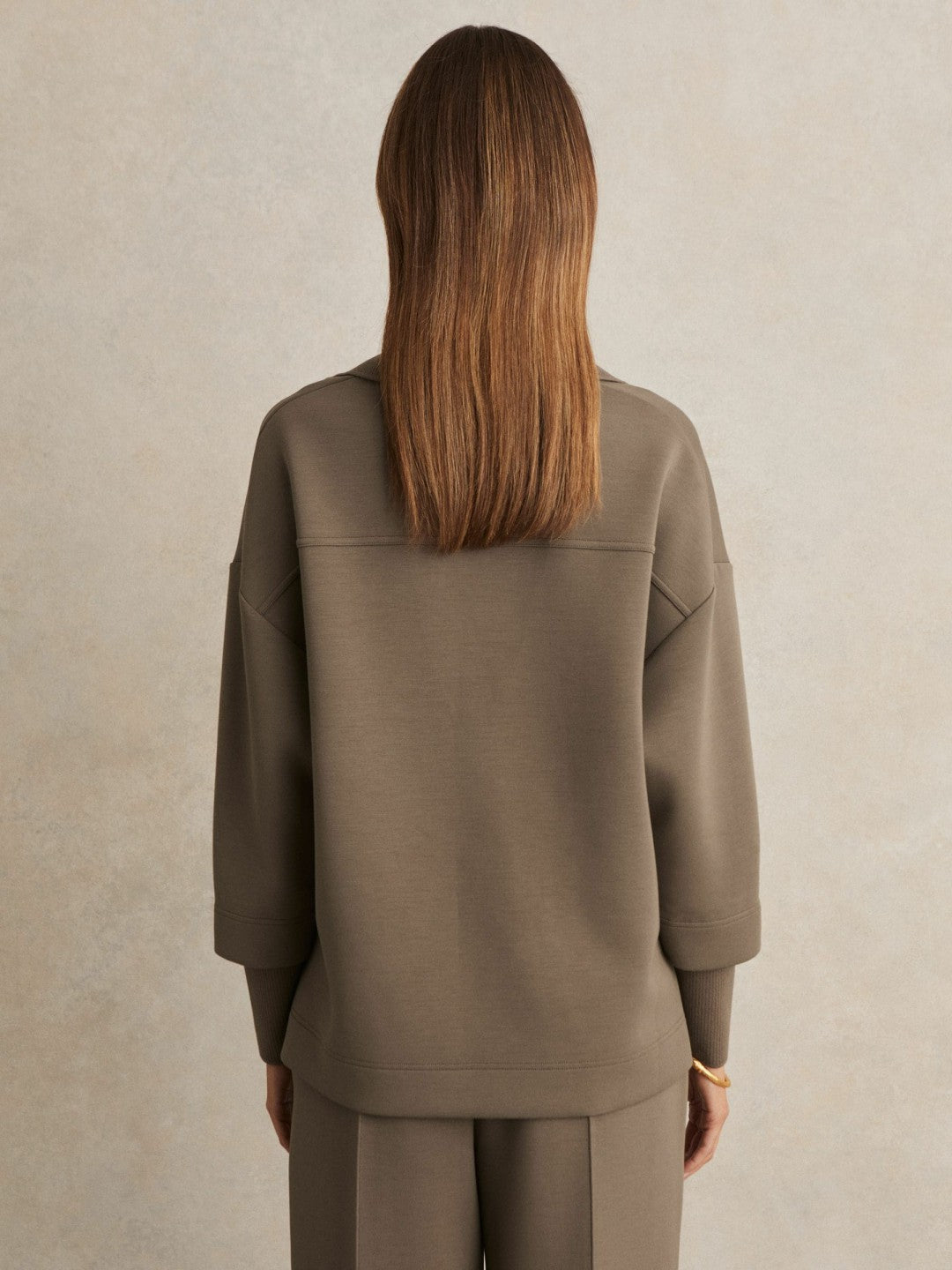 Reiss Interlock Open-Collar Sweatshirt in Khaki Green