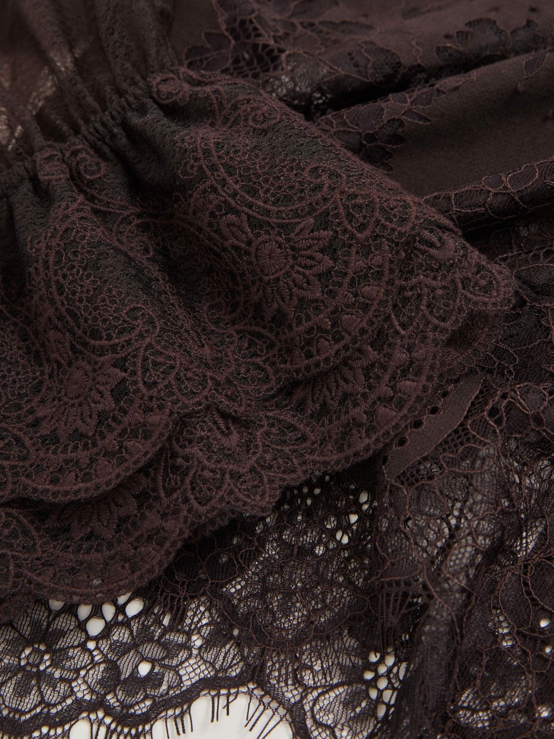 Reiss Lace Flared Cuff Blouse in Chocolate Brown