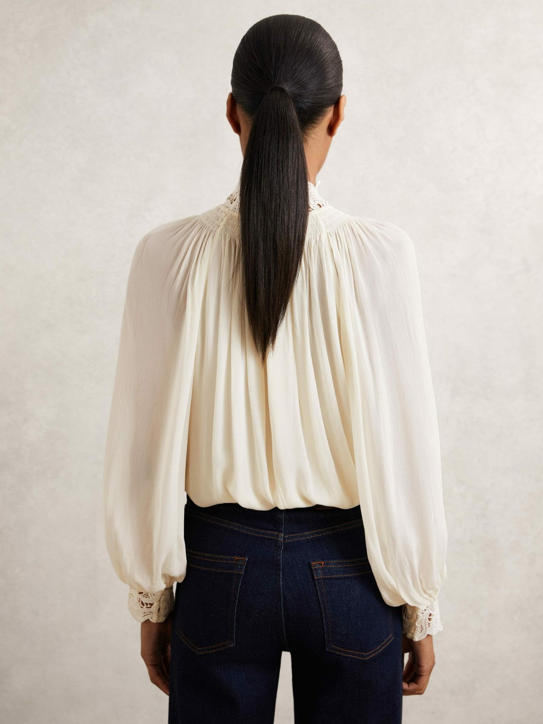 Reiss Popular Choice - Lace-Trim Draped Chiffon Top in Cream