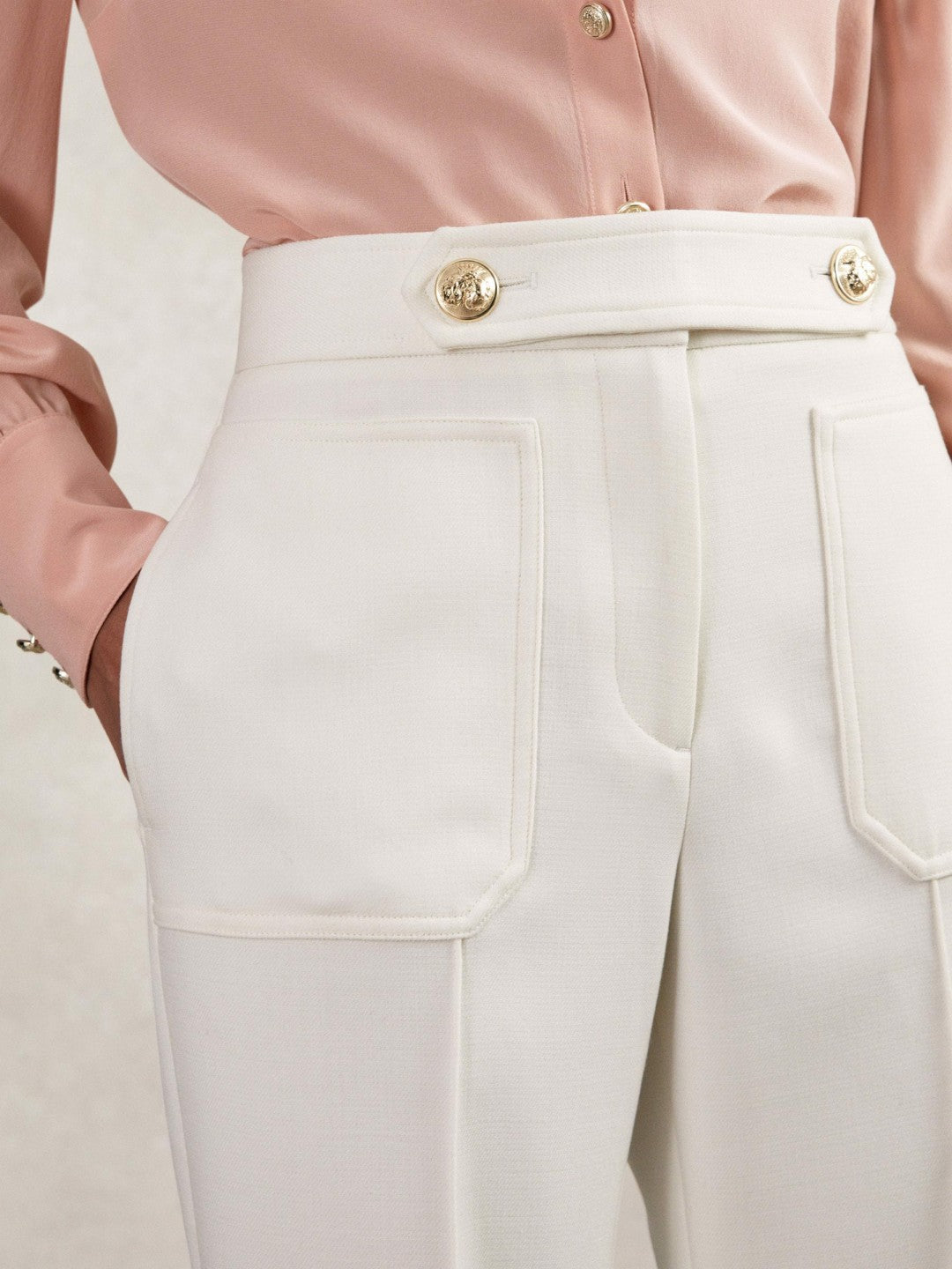 Reiss Twill Button-Tab Flared Trousers With Wool in White