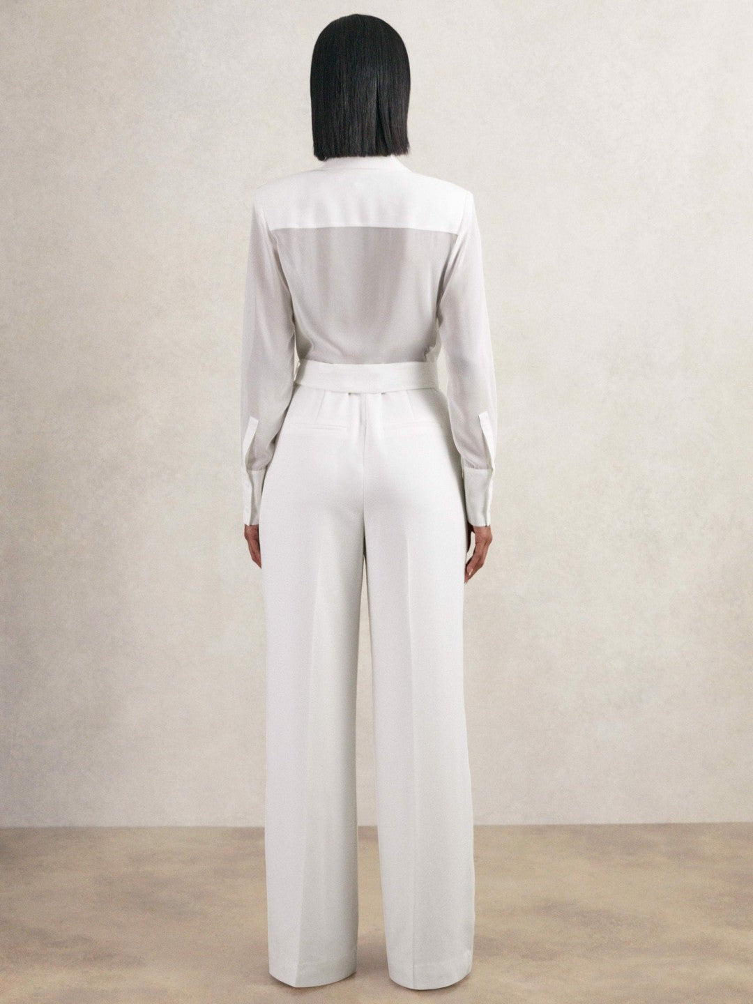 Reiss Sheer-Sleeve Wide-Leg Tuxedo Jumpsuit in Ivory