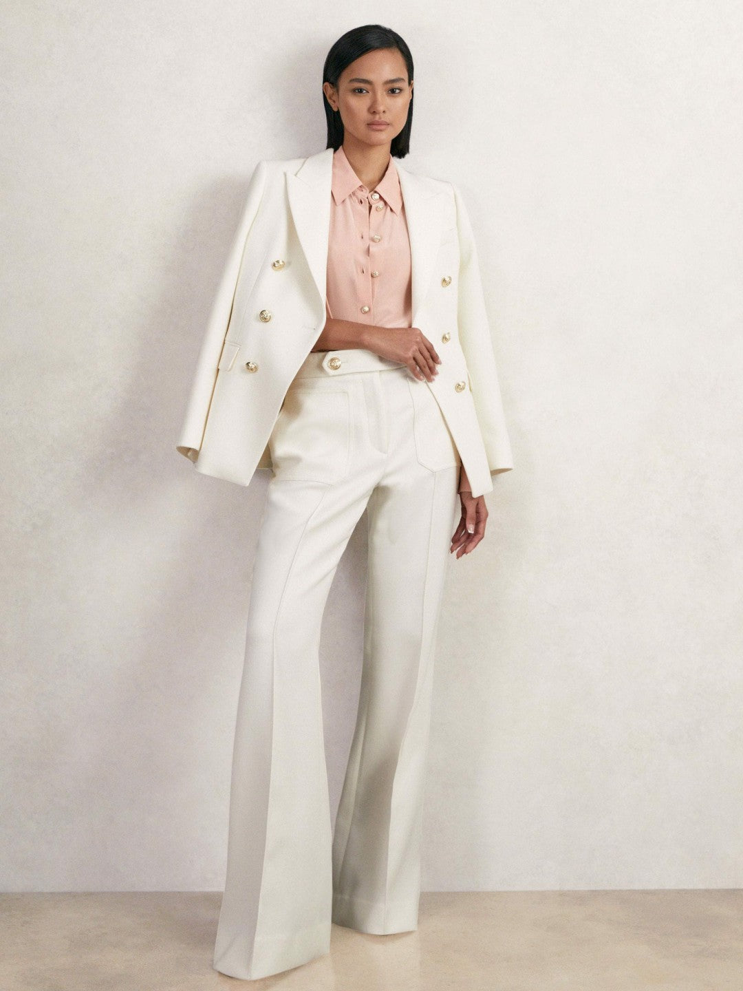 Reiss Double-Breasted Twill Suit Blazer With Wool in White