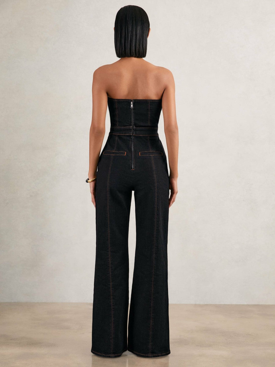 Reiss Strapless Wide Leg Denim Jumpsuit in Indigo Blue