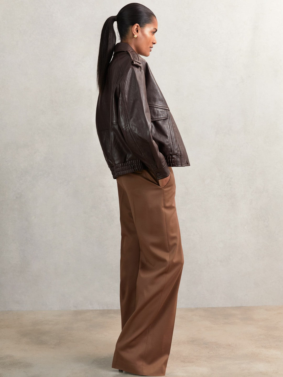 Reiss Popular Choice - Oversized Leather Jacket in Aubergine