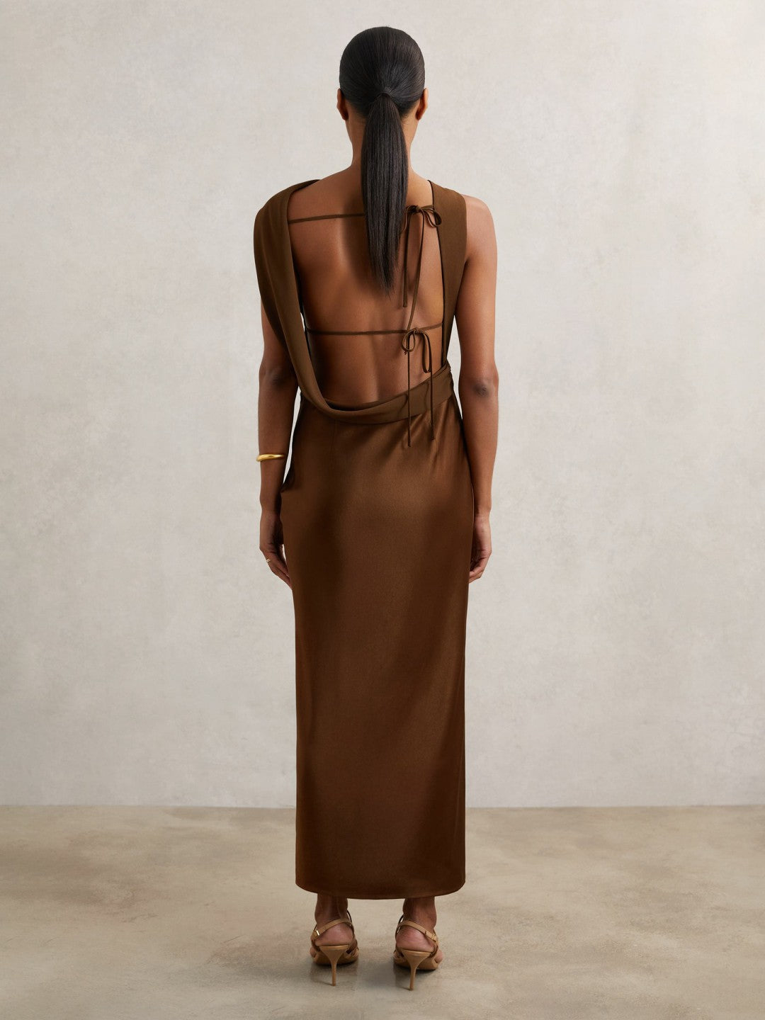 Reiss Petite Back Detail Midi Dress in Bronze