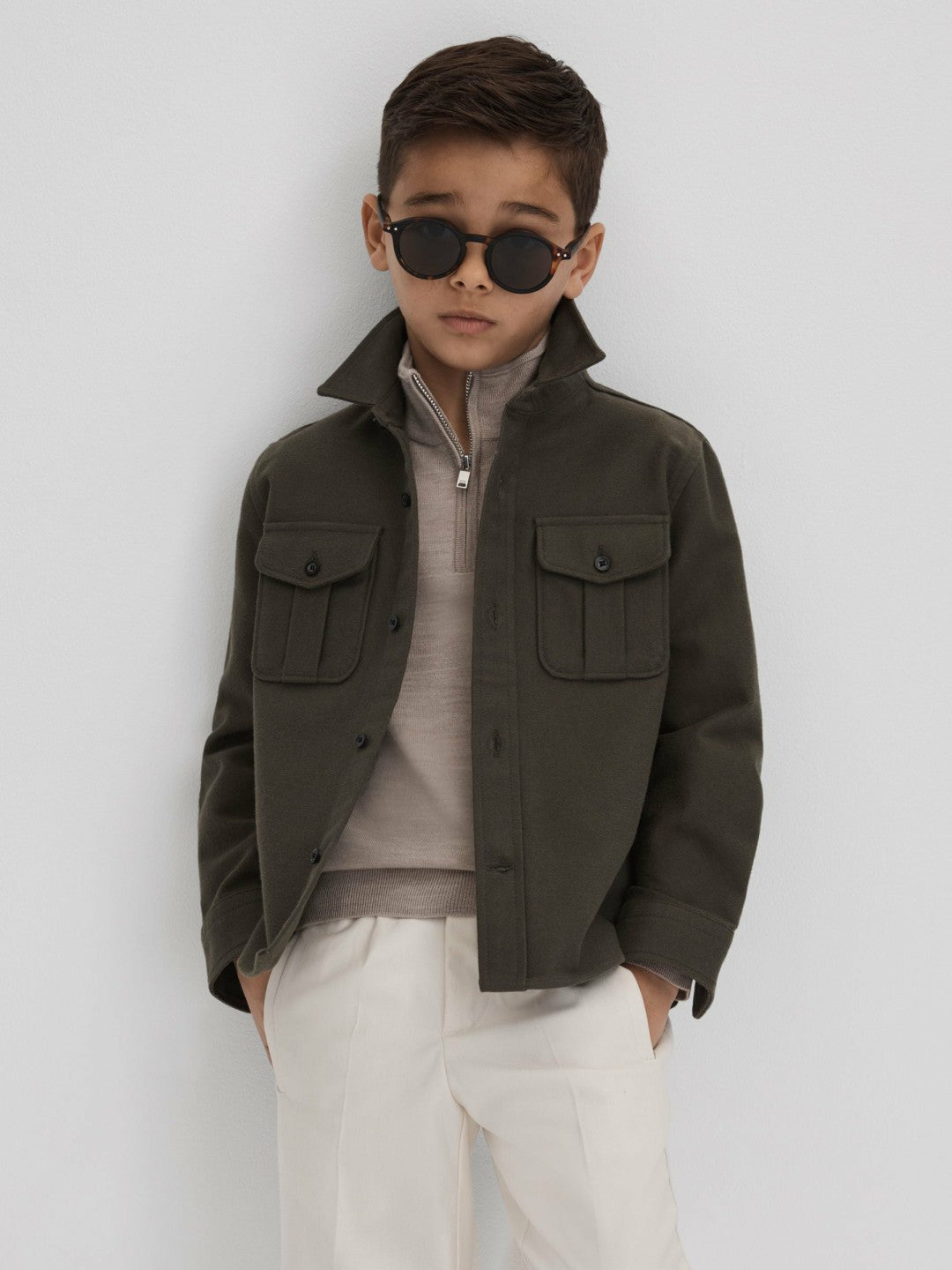Reiss 9-13 yrs Wool Half-Zip Funnel Neck Jumper in Wheat Melange