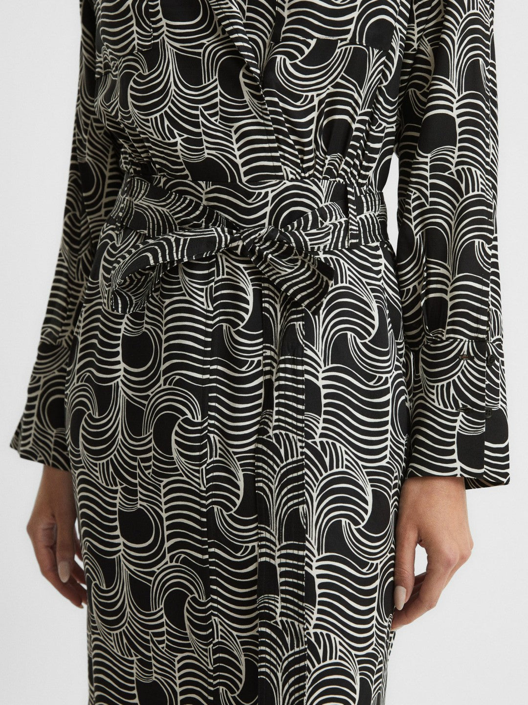 Reiss Best Seller - Swirl Print Midi Dress in Black/Cream