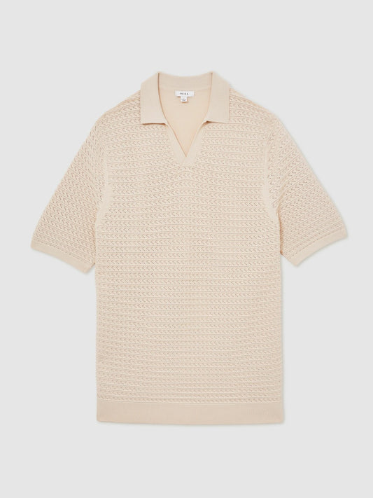 Reiss Pointelle Open-Collar Polo Shirt in Stone