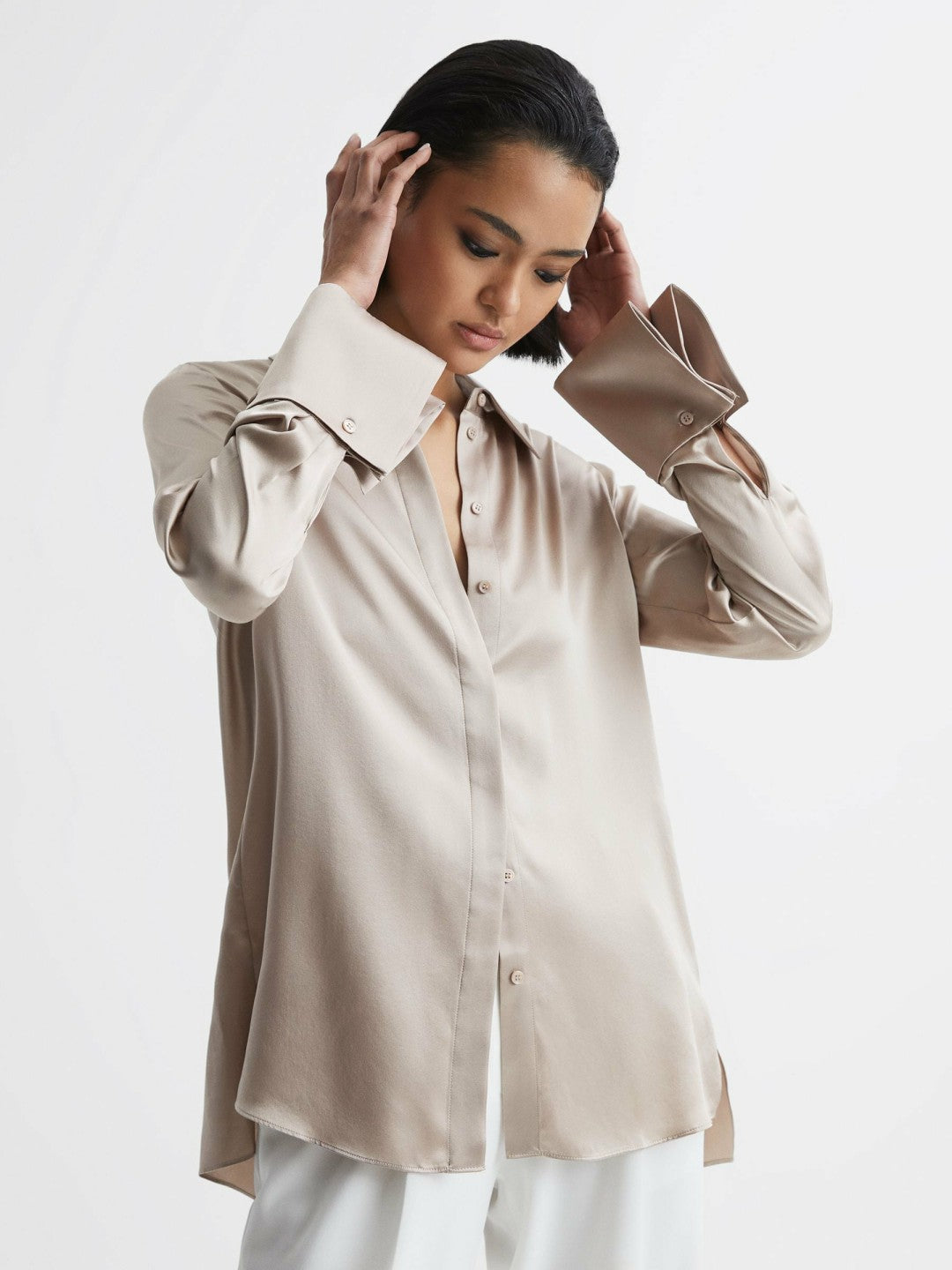 Reiss Silk Double-Cuff Button-Through Shirt in Champagne
