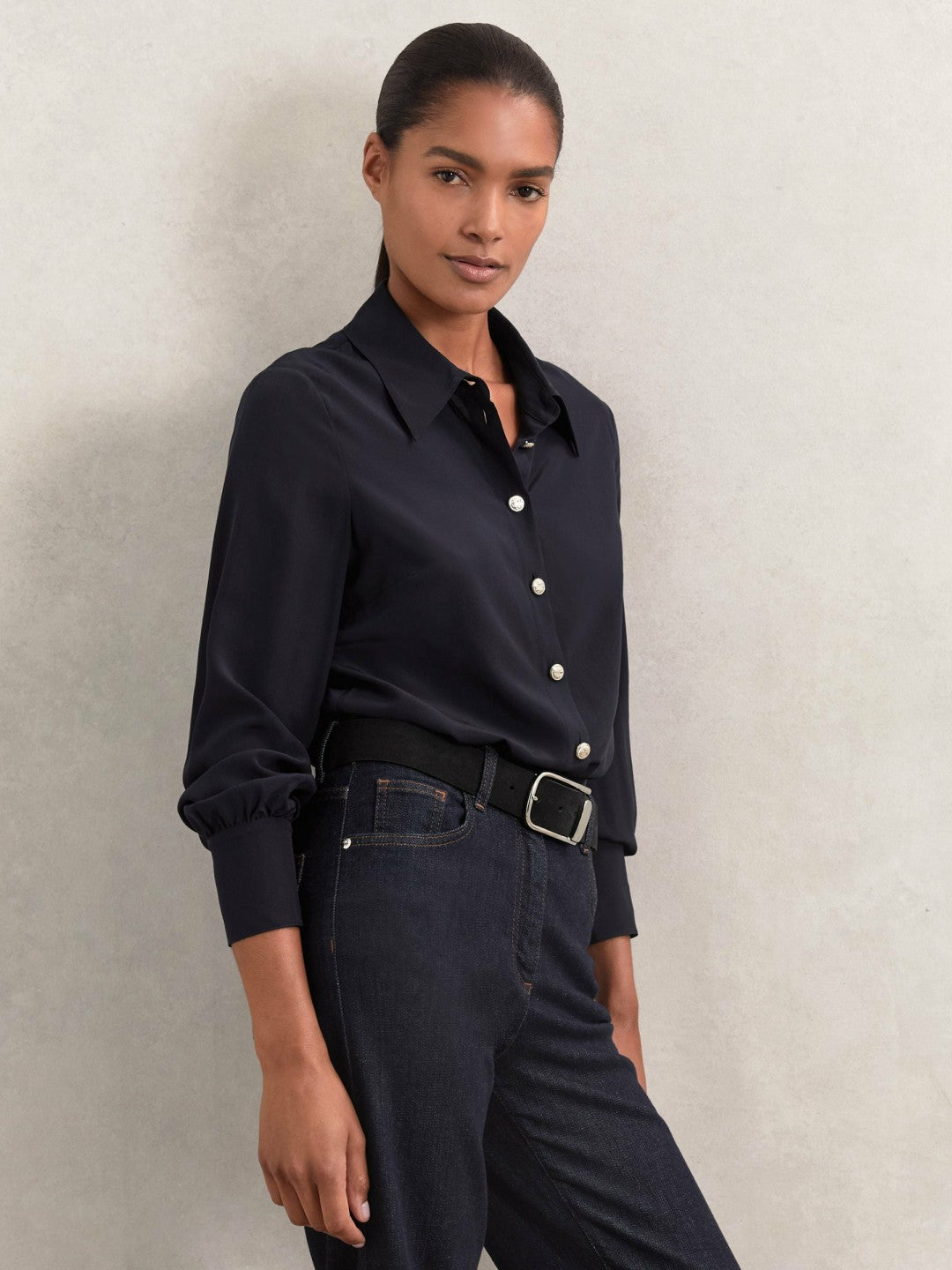 Reiss Silk Embossed-Button Shirt in Navy