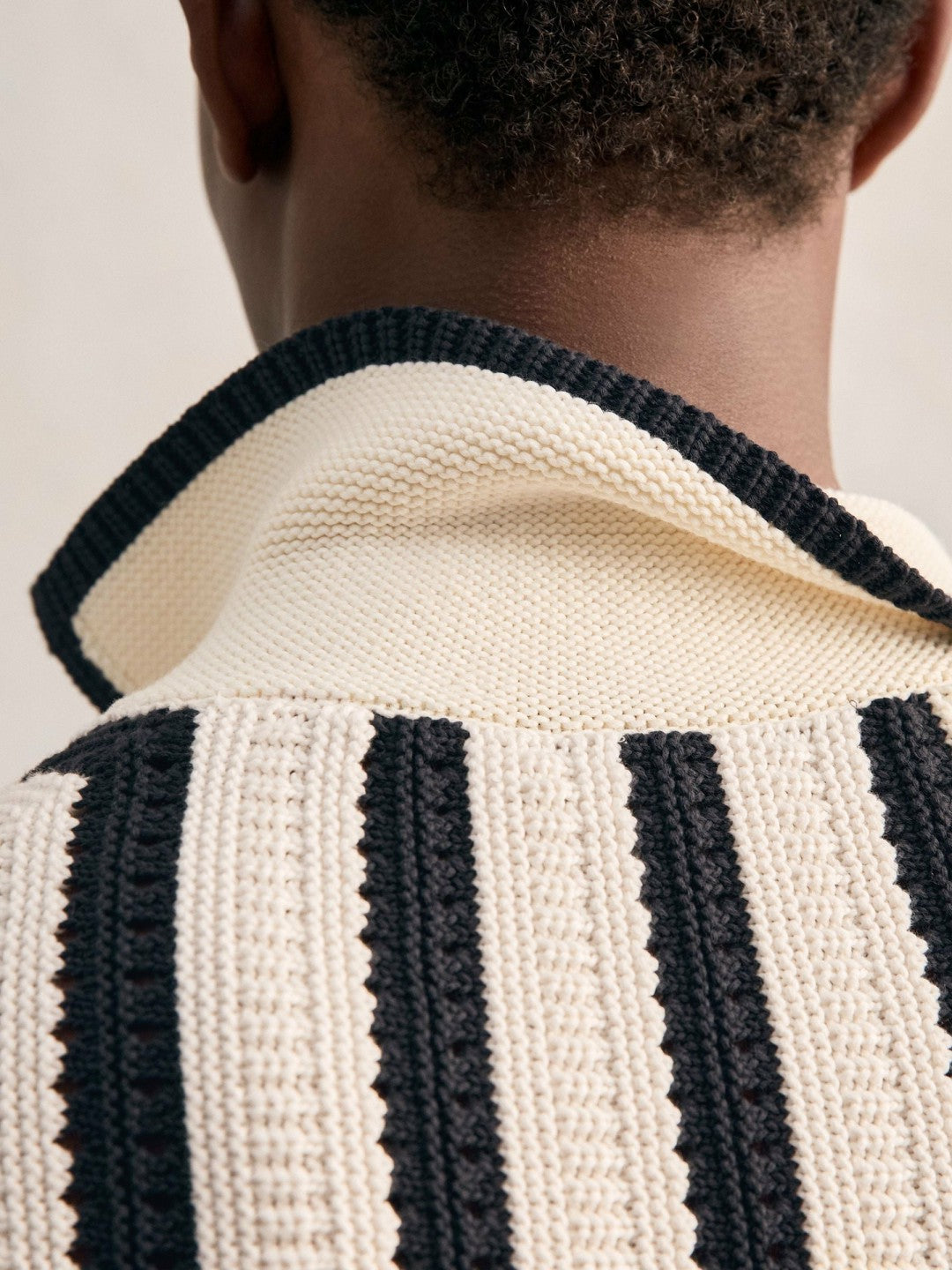 Reiss Best Seller - Cotton Blend Stripe Knit Polo Shirt in Off White/Navy