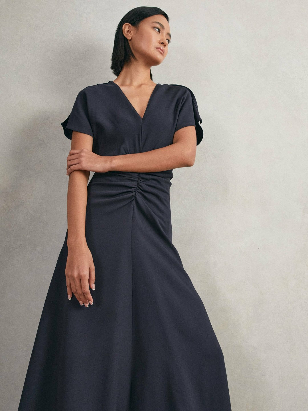 Reiss Ruched-Front Midi Dress in Navy