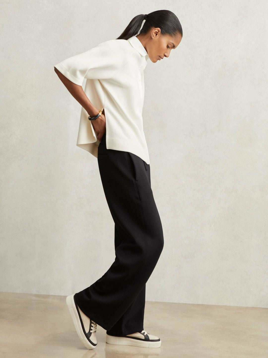 Reiss Wide-Leg Interlock Drawstring Joggers in Black