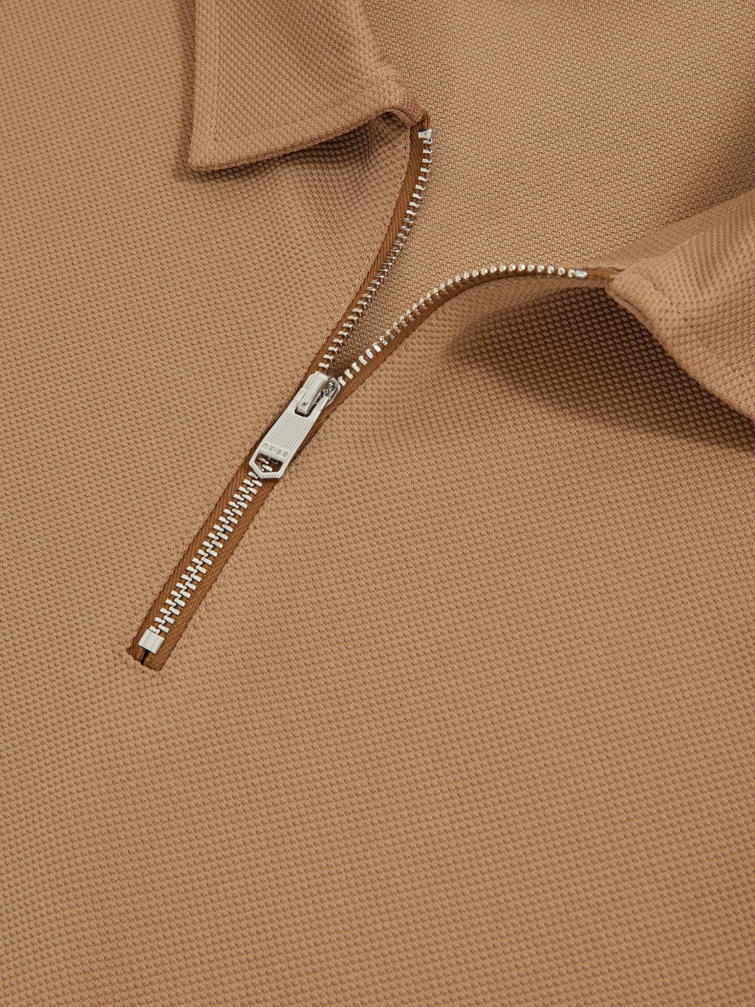 Reiss Textured Half-Zip Tipped Polo Shirt in Camel