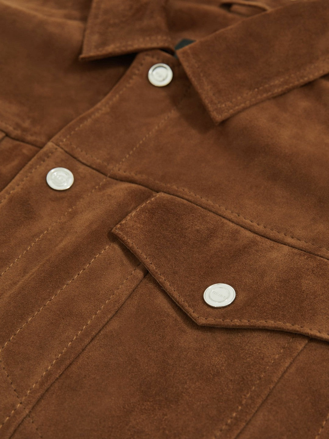 Reiss Suede Press Stud Trucker Jacket in Tobacco Brown