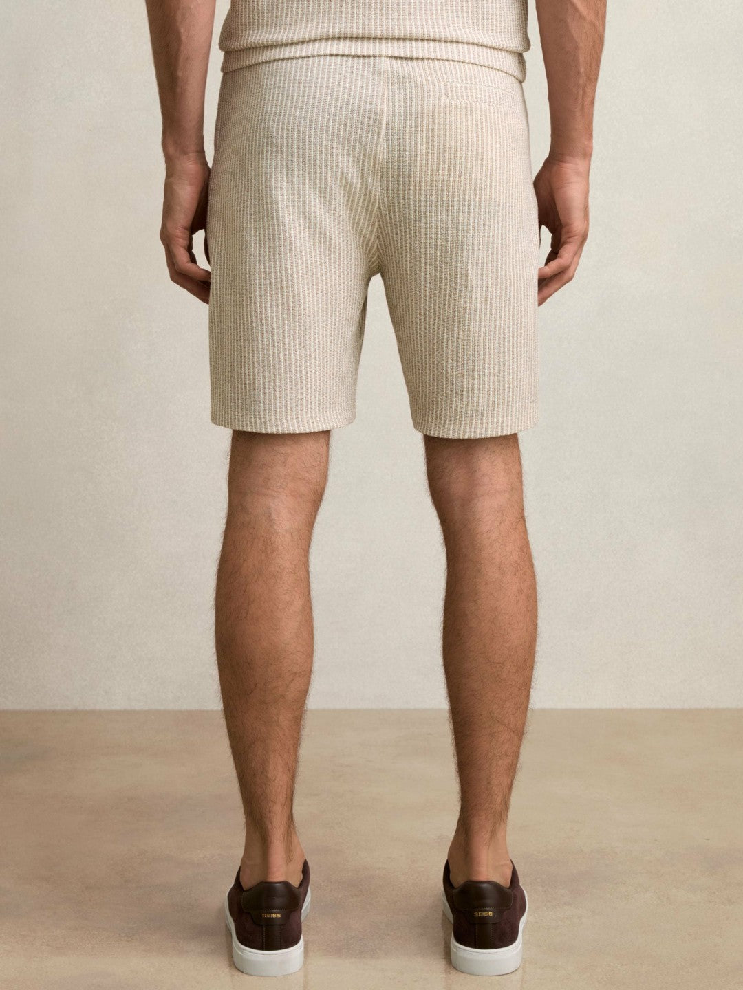 Reiss Cotton-Blend Stripe Drawstring Shorts in Ecru/Taupe Brown