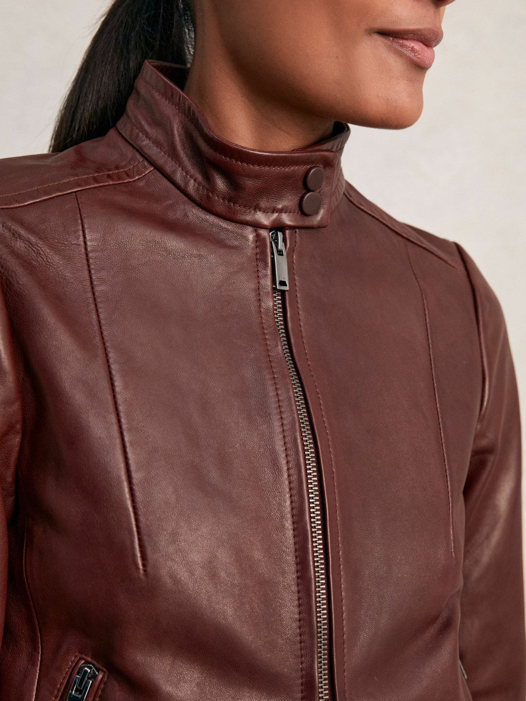 Reiss Fitted Leather Biker Jacket in Burgundy