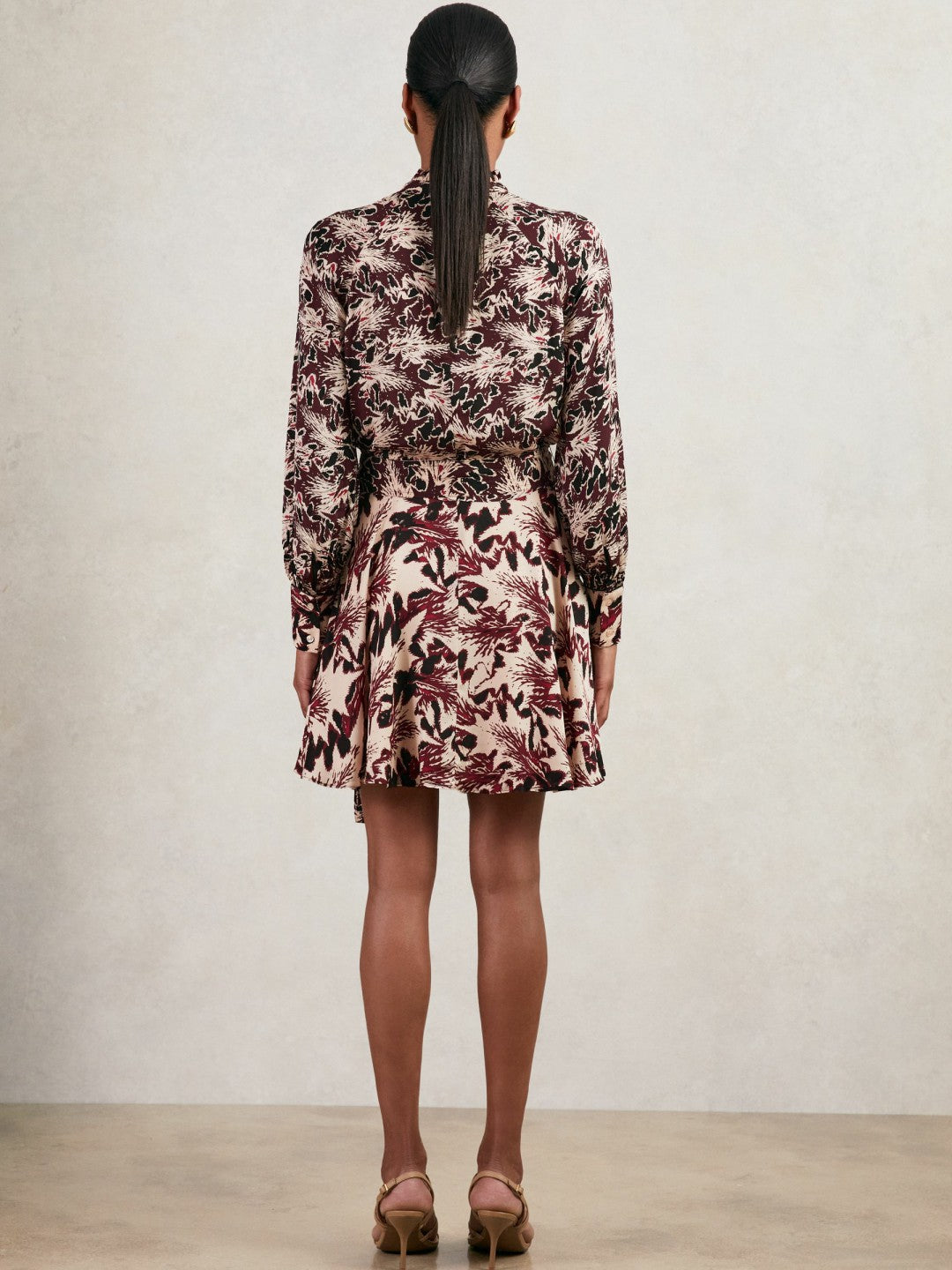 Reiss Printed Tie-Waist Flippy Mini Dress in Burgundy/Cream