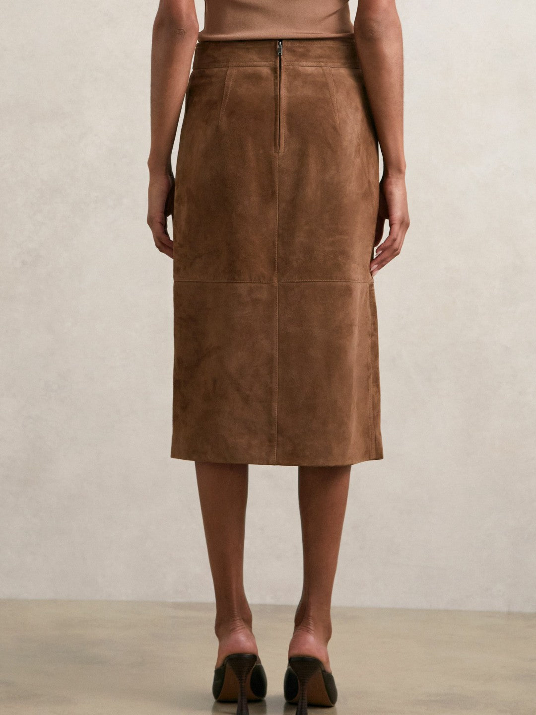 Reiss Affordable - Suede Straight-Fit Midi Skirt in Tan Brown