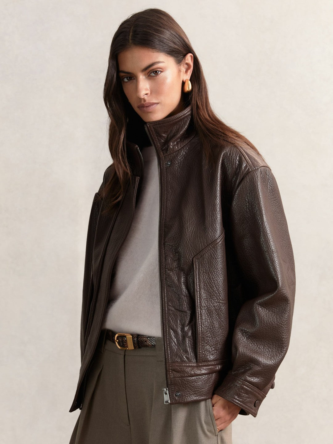 Reiss Oversize Grained-Leather Bomber Jacket in Burgundy