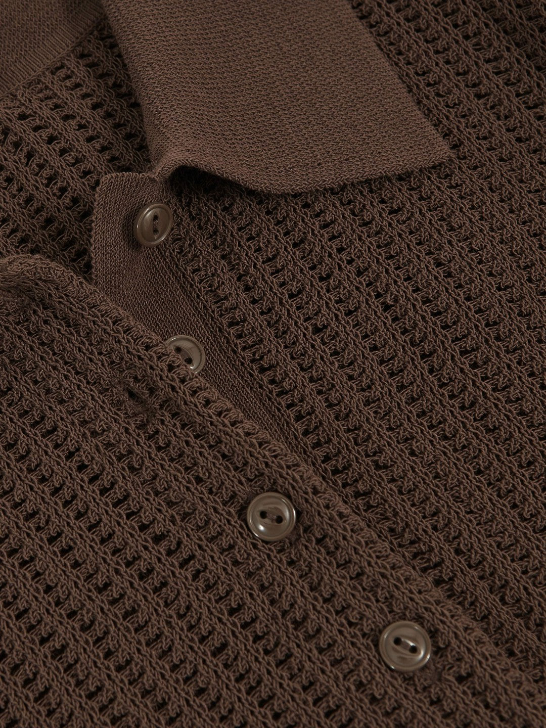 Reiss Open-Knit Long-Sleeve Polo Top in Chocolate Brown