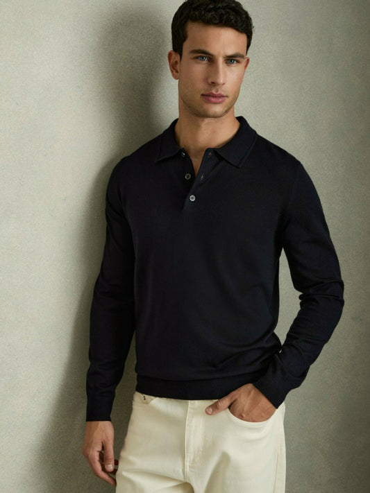 Reiss Featured - Merino Wool Polo Shirt in Navy